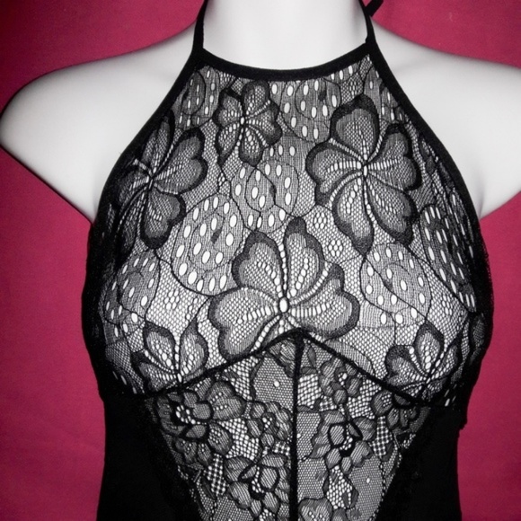 Sheer Black Floral Lace Mesh Halter Teddy Bodysuit - Picture 3 of 6